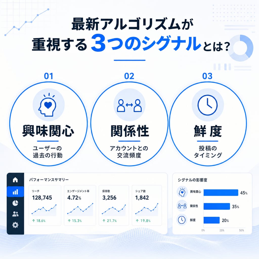 Instagramのアルゴリズムが重視する3つの主要シグナル(興味関心・関係性・鮮度)を示した図。