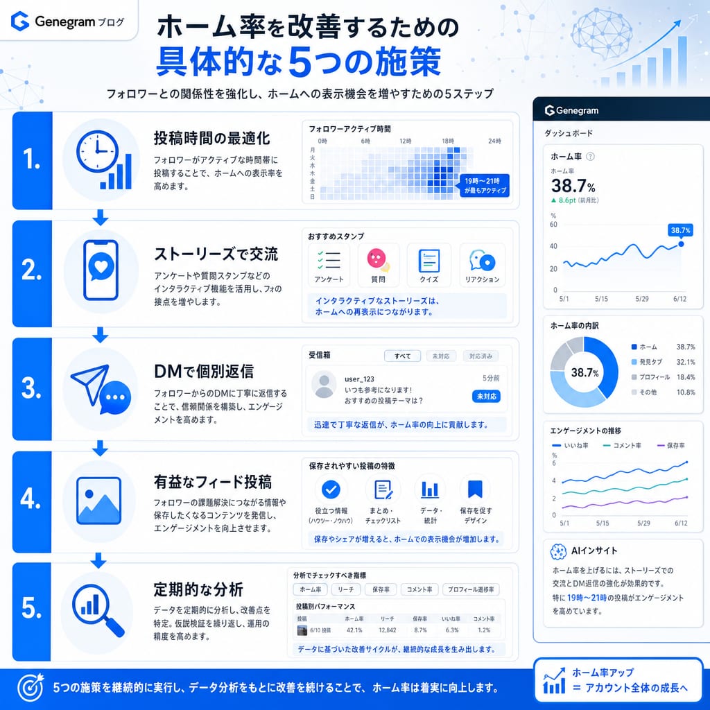 ホーム率を改善する5つの施策。投稿時間の最適化から始まり、ストーリーズでの交流、DMでの返信、有益な投稿、そして分析というサイクルを示す図。