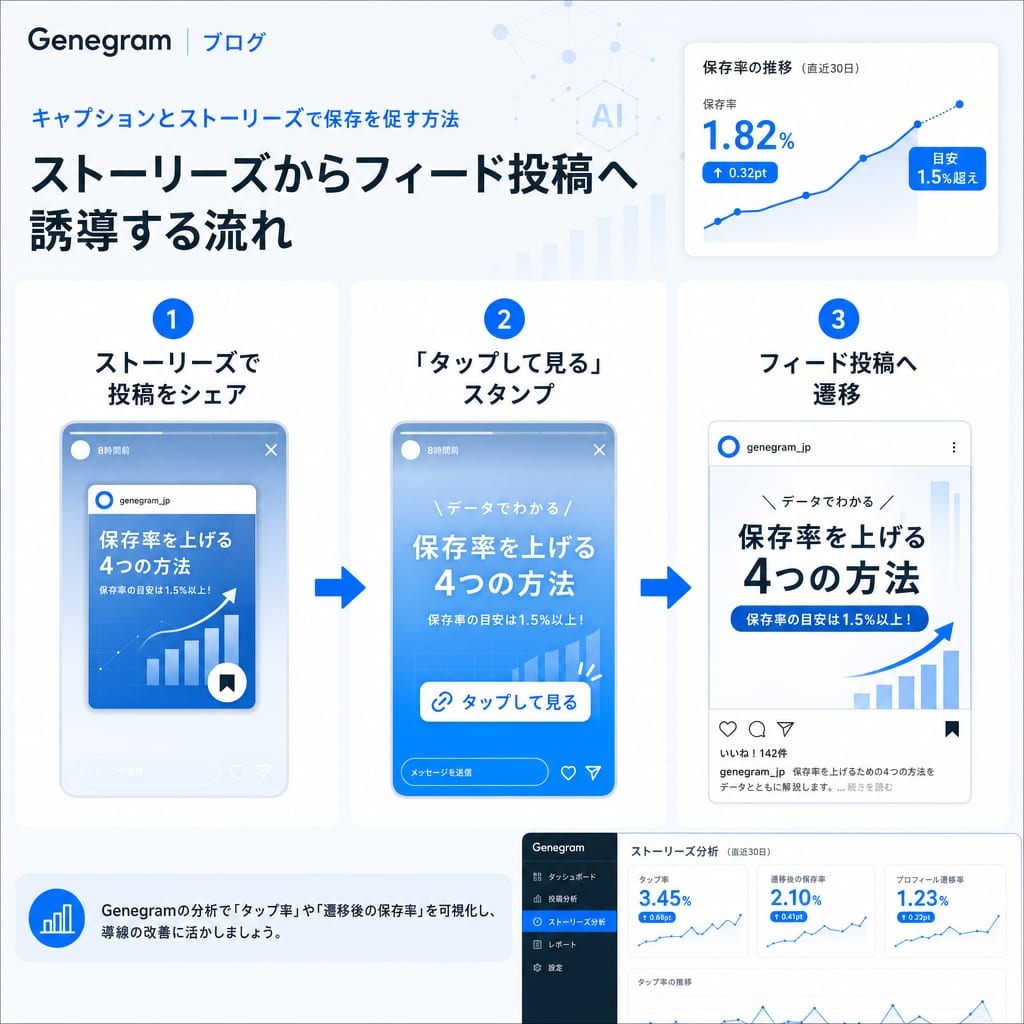 ストーリーズを活用してフィード投稿の保存を促す流れ。ストーリーズで投稿をシェアし、リンクスタンプをタップすることでフィード投稿に誘導する様子を示す図。
