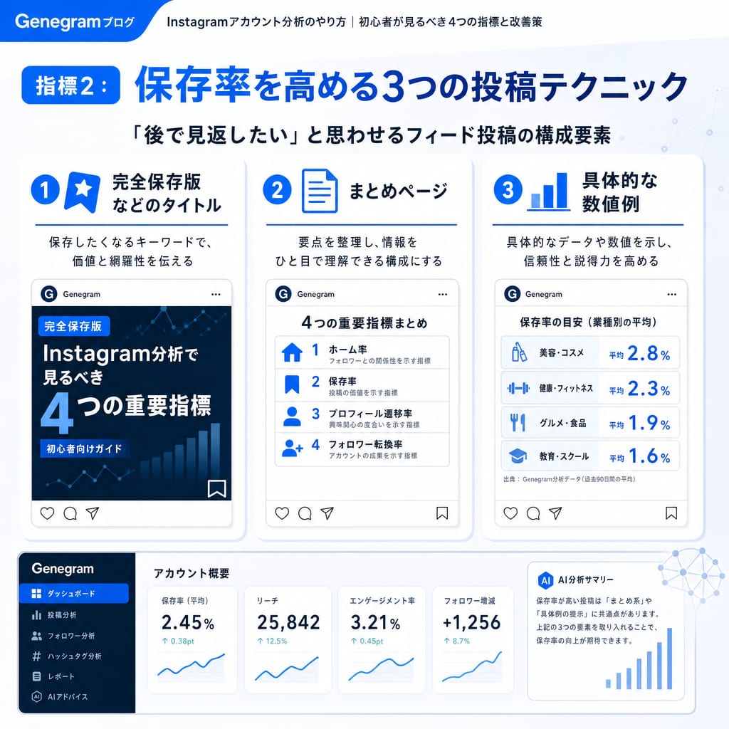 Instagramで保存率を高める投稿の3要素。タイトル、まとめページ、具体例の重要性を示した図。