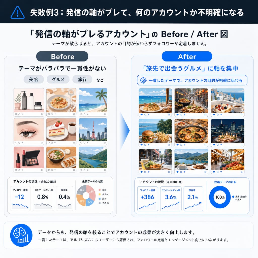 発信の軸がブレているアカウントと、軸が定まったアカウントの比較図。軸が定まると一貫性が生まれることを示している。