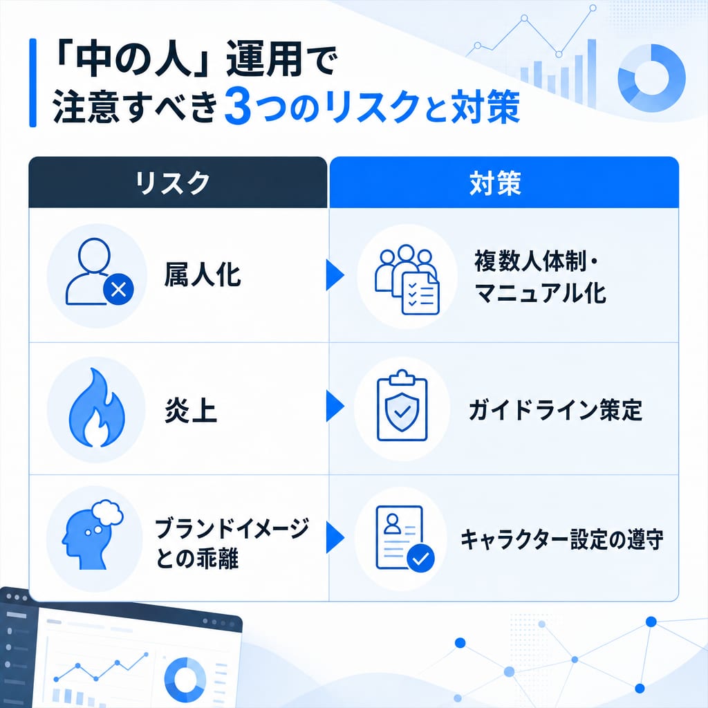 Instagramの「中の人」運用における3つのリスク（属人化、炎上、ブランドイメージの乖離）とその対策をまとめた図。