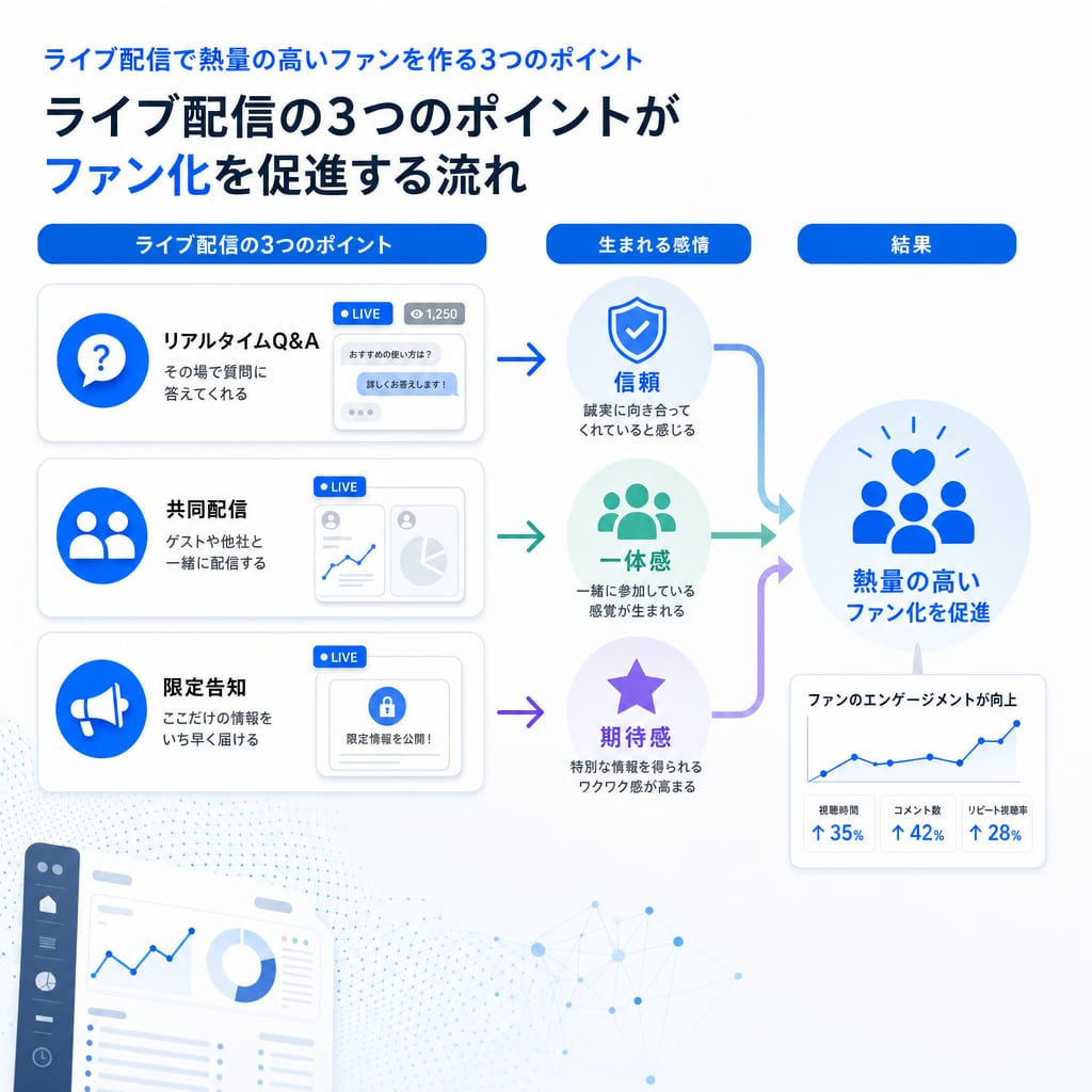ライブ配信で熱量の高いファンを作る3つのポイントを示した図