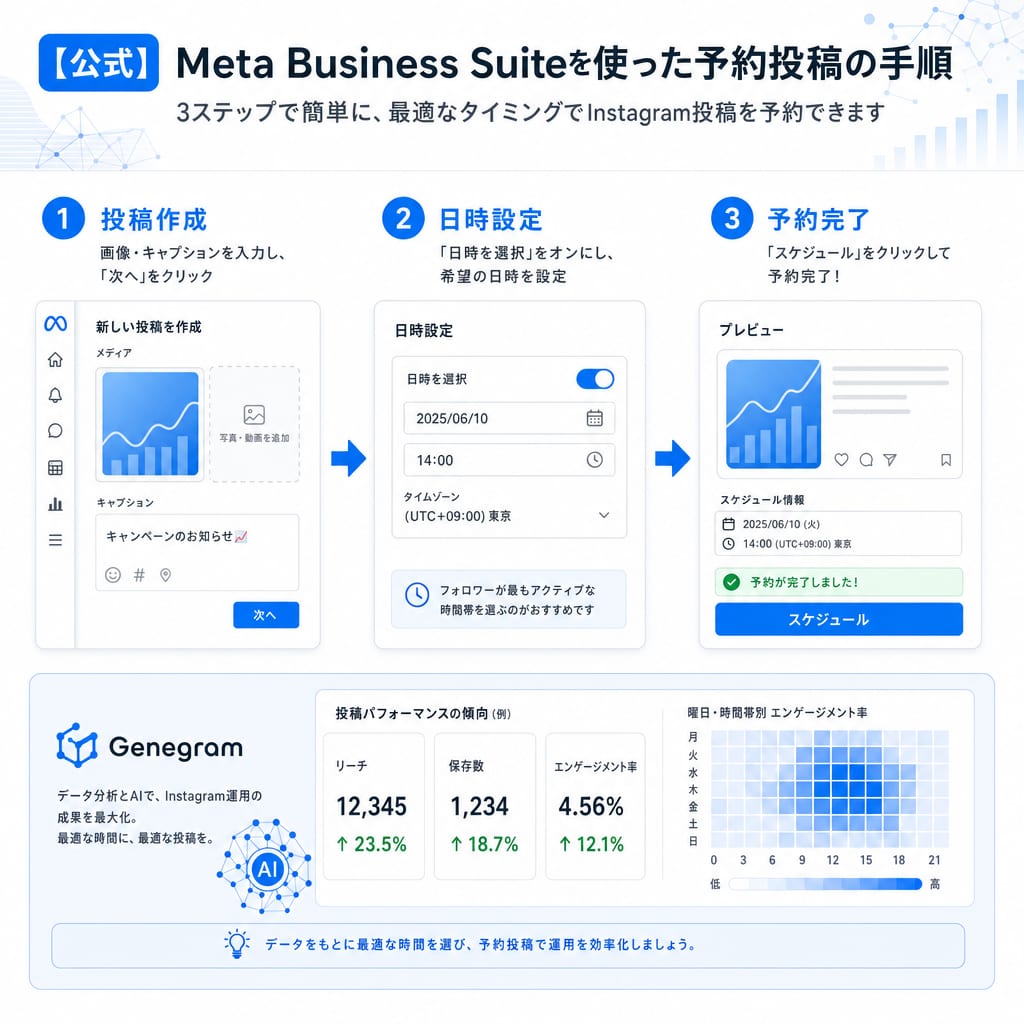 Meta Business Suiteを使ったInstagram予約投稿の3ステップ手順図