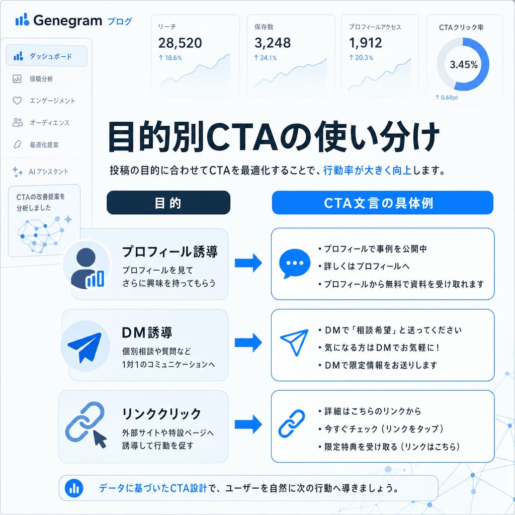 目的別に使い分けるCTAの具体例を図解。プロフィール誘導、DM誘導、リンククリックの3つの目的に応じた最適な文言を示している。