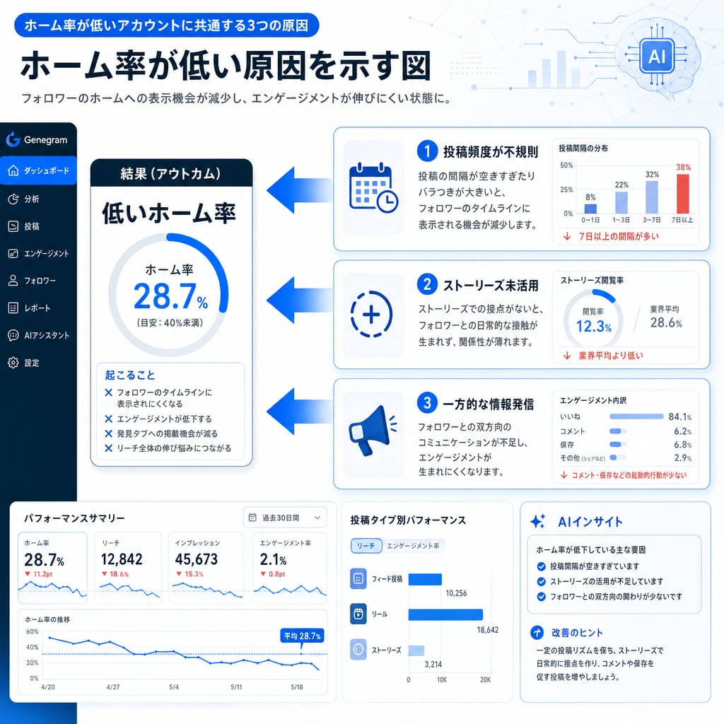 ホーム率が低下する3つの原因。不規則な投稿、ストーリーズの未活用、一方的な情報発信が要因であることを示す図。