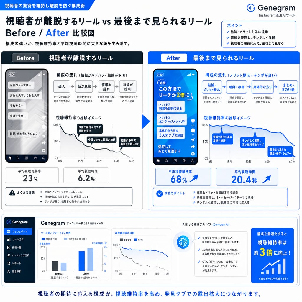 視聴者が離脱するリールと最後まで見られるリールの構成の違いを比較した図。