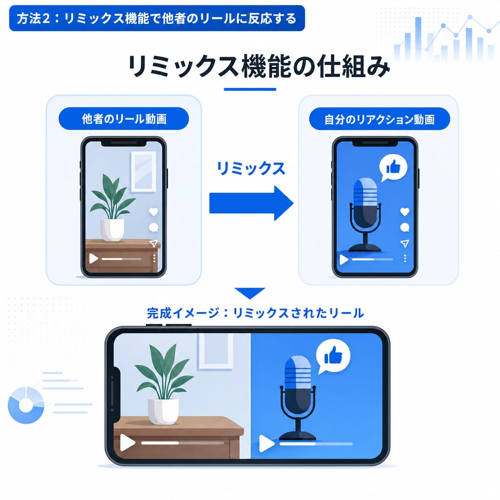 Instagramのリミックス機能で他者のリールと自分の動画を並べて投稿する仕組みの図解