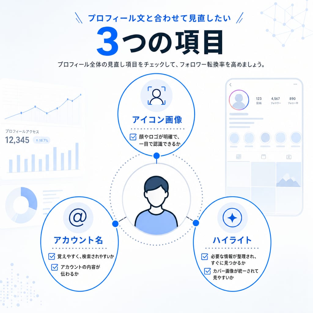 プロフィール文以外に見直すべき3つの項目(アイコン、アカウント名、ハイライト)を示した図。