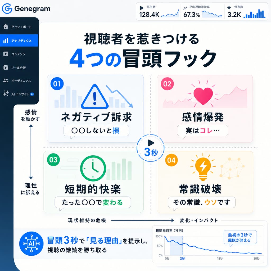 視聴者を惹きつける4つの冒頭フックの分類図。ネガティブ訴求、感情爆発、短期的快楽、常識破壊の4つの要素を解説している。