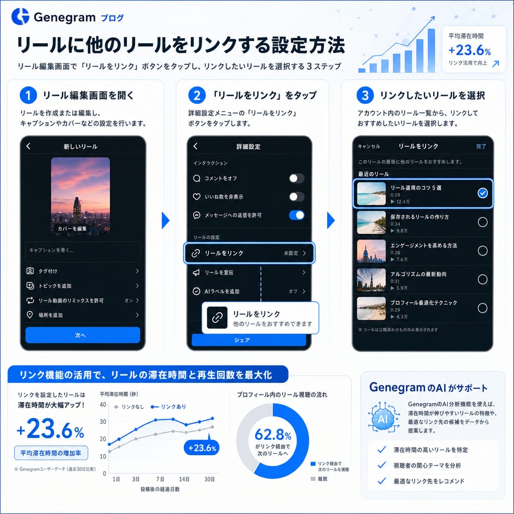 Instagramリールに他のリールをリンクする手順図。1.編集画面の「リールをリンク」をタップ、2.リンクしたいリールを選択、3.リンクが設定されたことを確認、という流れを示す。
