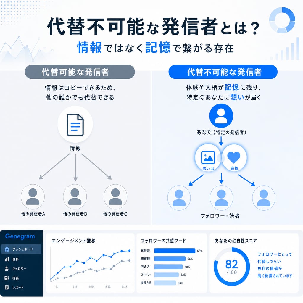 代替可能な情報提供者と、記憶で繋がる代替不可能な発信者の違いを示す図