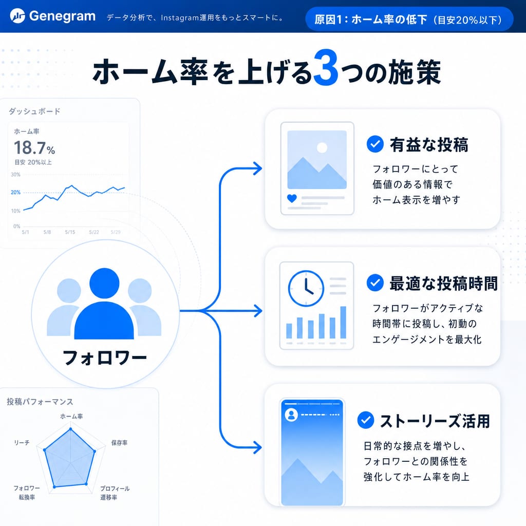 ホーム率を上げるための3つの主要な施策を示した図。