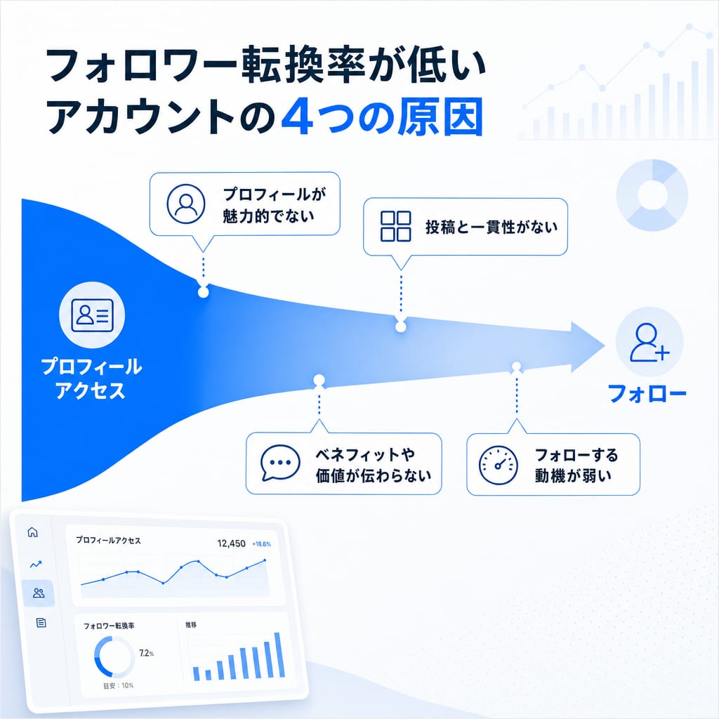 フォロワー転換率が低い原因を示す図。プロフィールへのアクセスがフォローに繋がらず離脱していく様子。