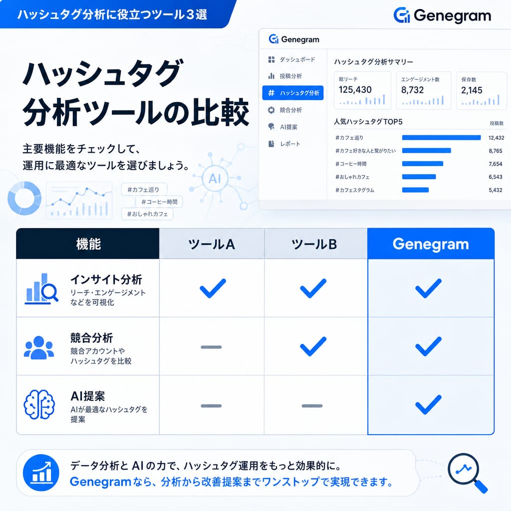 ハッシュタグ分析ツール3選の機能比較表。インサイト分析、競合分析、AI提案の3つの観点で各ツールの特徴を比較している。