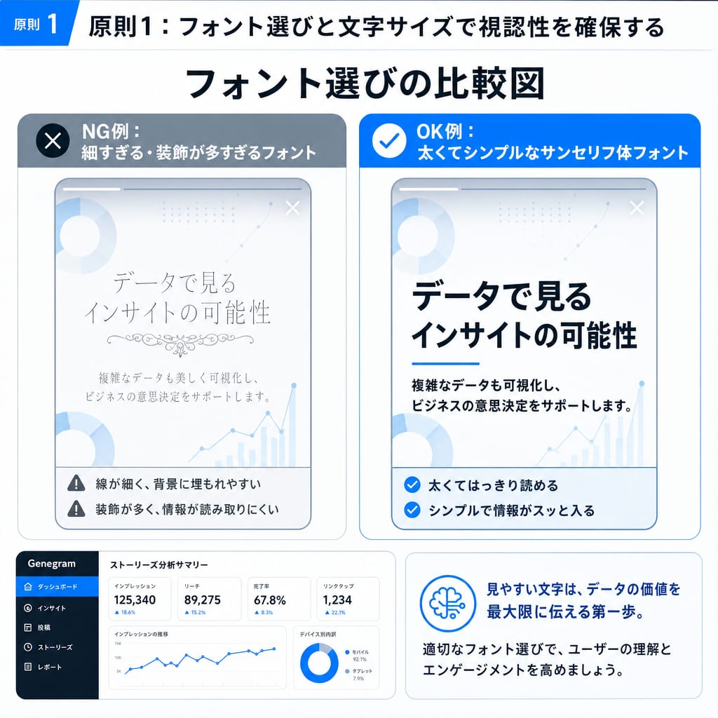 ストーリーズで見やすいフォントと見にくいフォントの比較図。NG例として細く装飾的なフォント、OK例として太くシンプルなフォントが示されている。