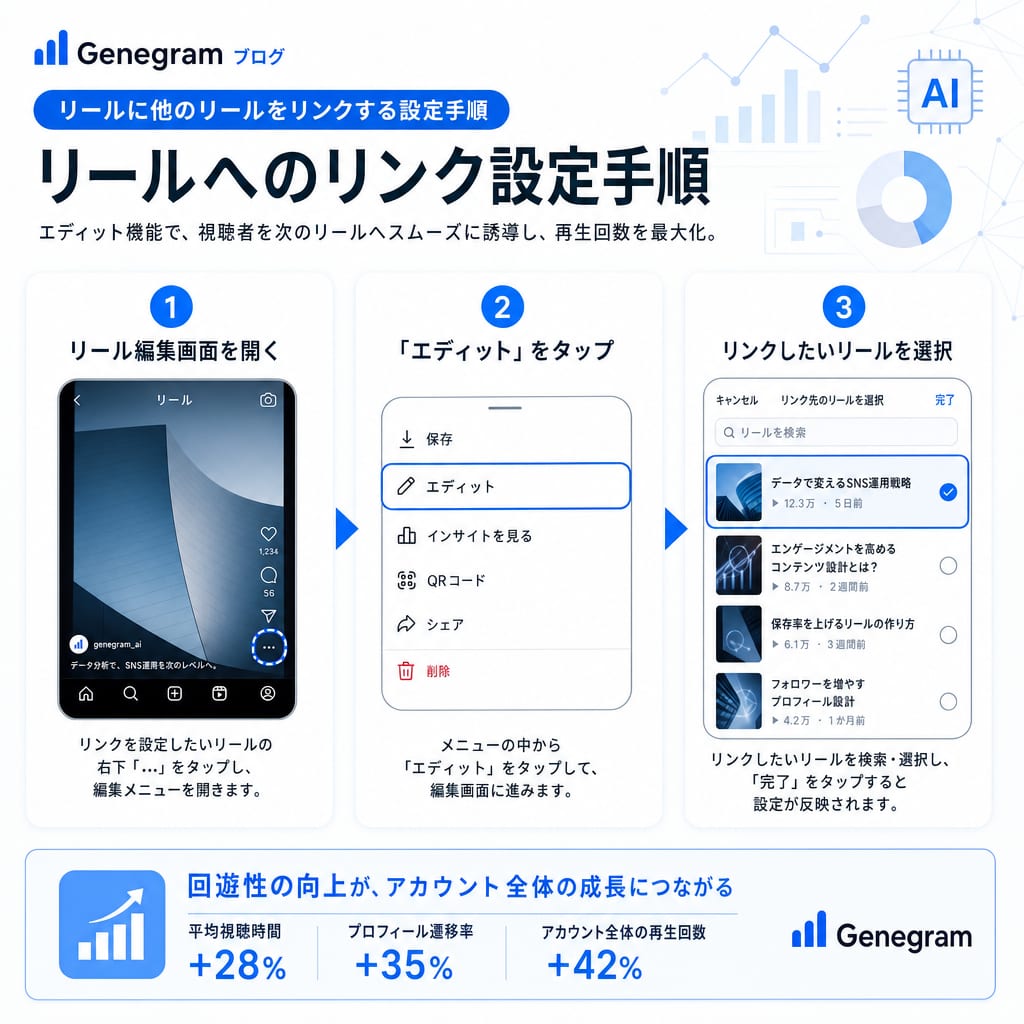 Instagramリールに他のリールをリンクする設定手順を示した図。編集画面からエディット機能を選択し、リンクするリールを選ぶ流れ。
