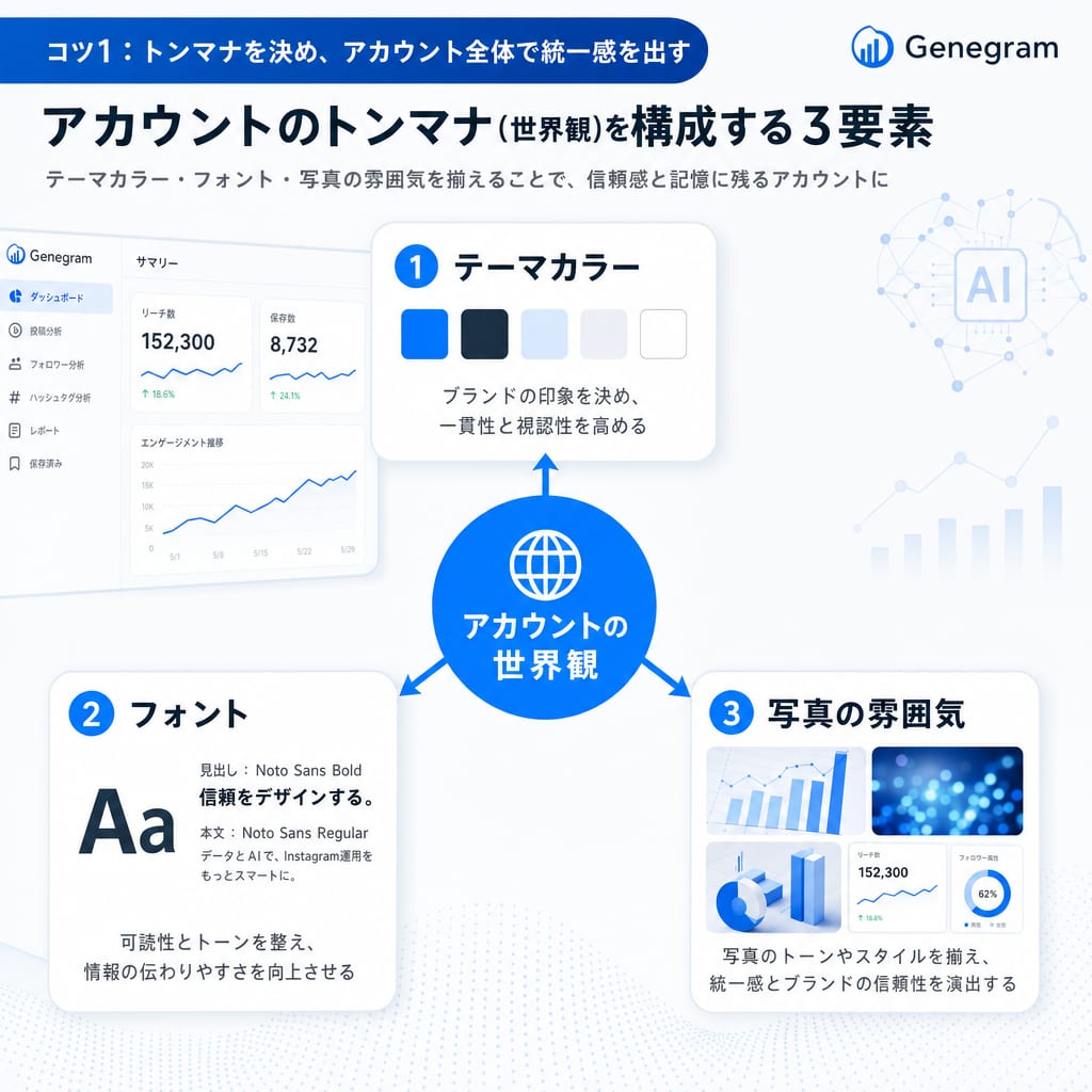 Instagramアカウントのトンマナを構成する3要素の図解。テーマカラー、フォント、写真の雰囲気が世界観を作ることを示している。
