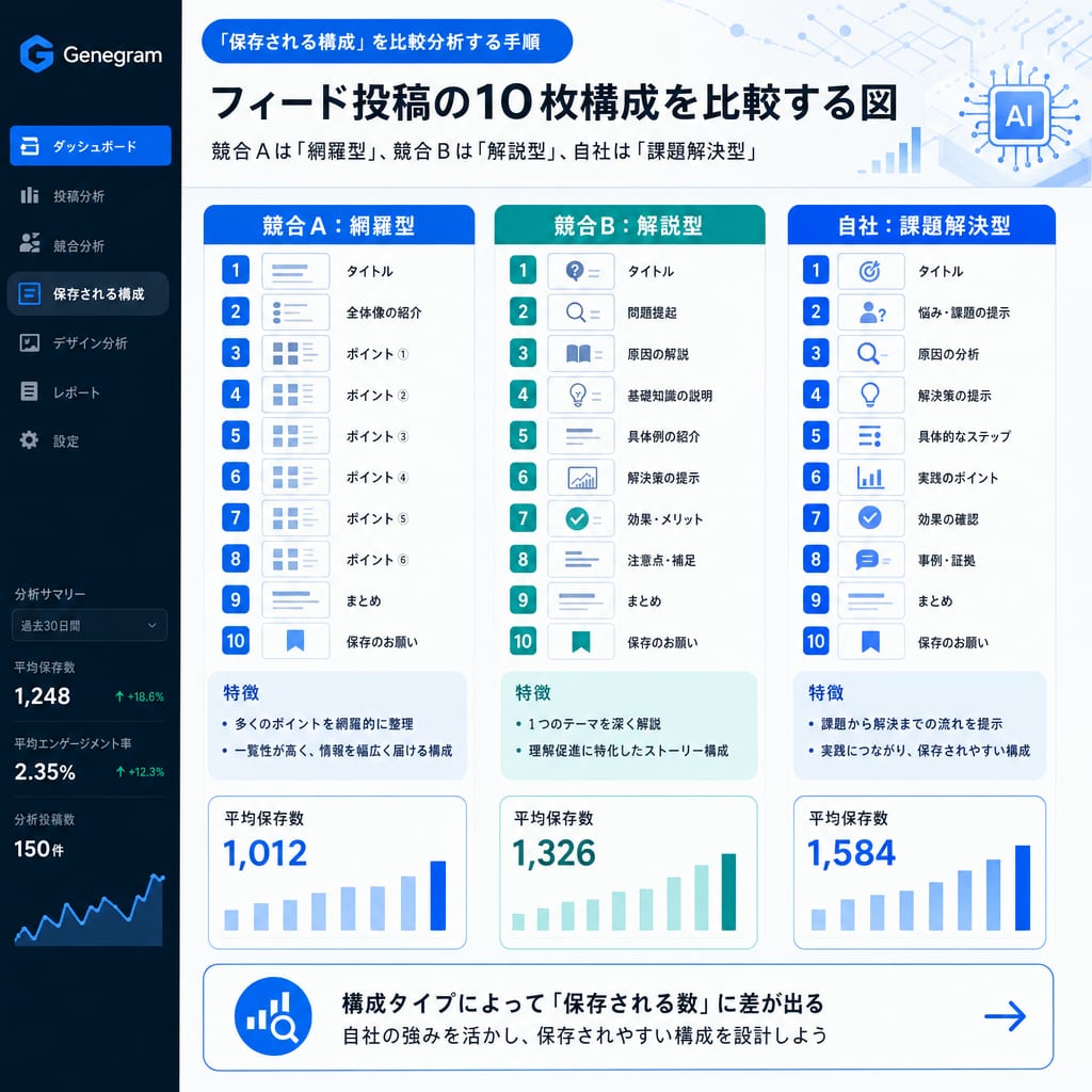 競合と自社のフィード投稿構成の比較図。競合A、競合B、自社の3つのアカウントの10枚構成の流れを矢印で示し、それぞれの構成パターンの違いを比較している。