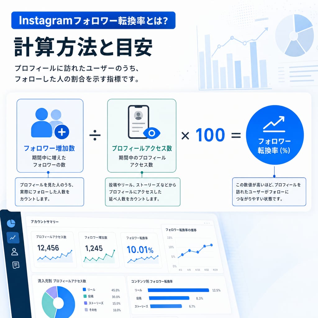 フォロワー転換率の計算式を示した図。フォロワー増加数をプロフィールアクセス数で割り、100を掛ける。