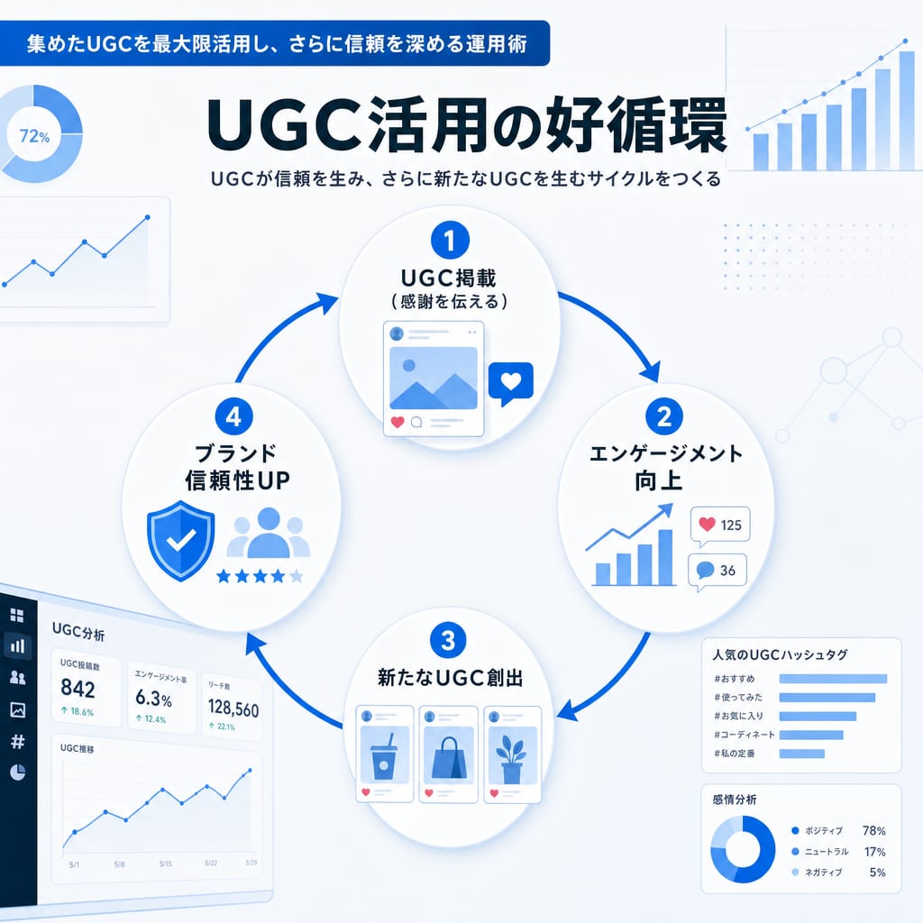 集めたUGCを活用することで、エンゲージメント向上や新たなUGC創出に繋がり、ブランドの信頼性が高まる好循環を示すサイクル図。