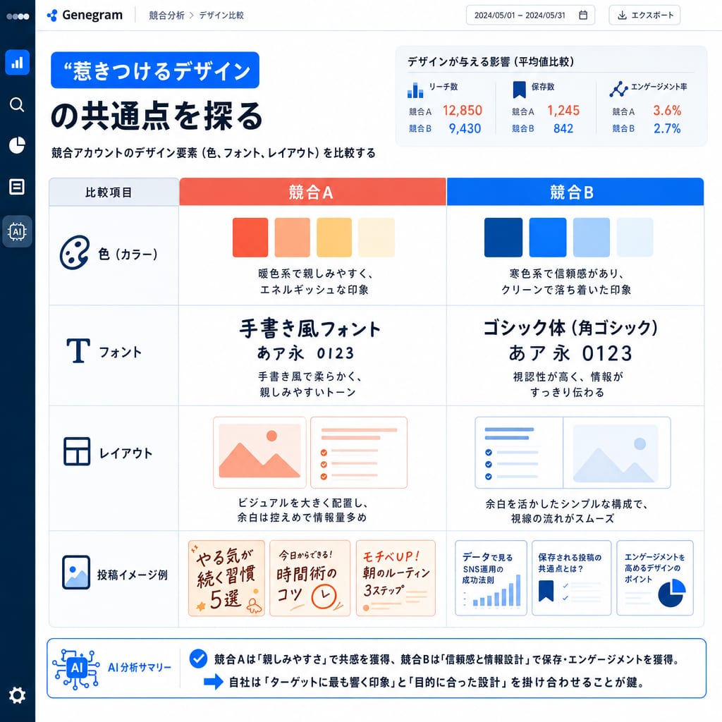 競合のデザイン比較表。競合Aと競合Bのデザイン要素(メインカラー、フォント、レイアウト)を並べて比較し、トンマナの違いを明確にしている。