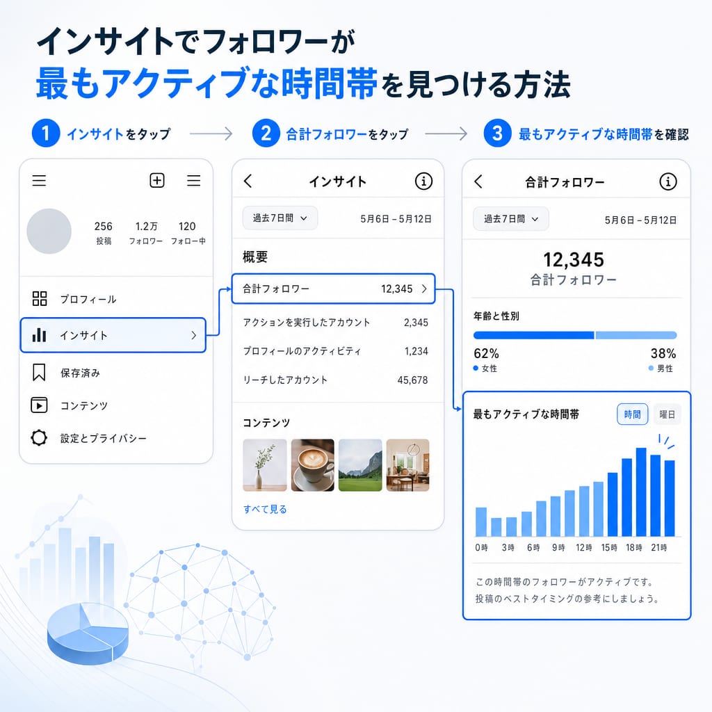 Instagramインサイトでアクティブな時間帯を確認する手順を示す図。インサイトからフォロワーの活動時間データを見る流れを図解している。