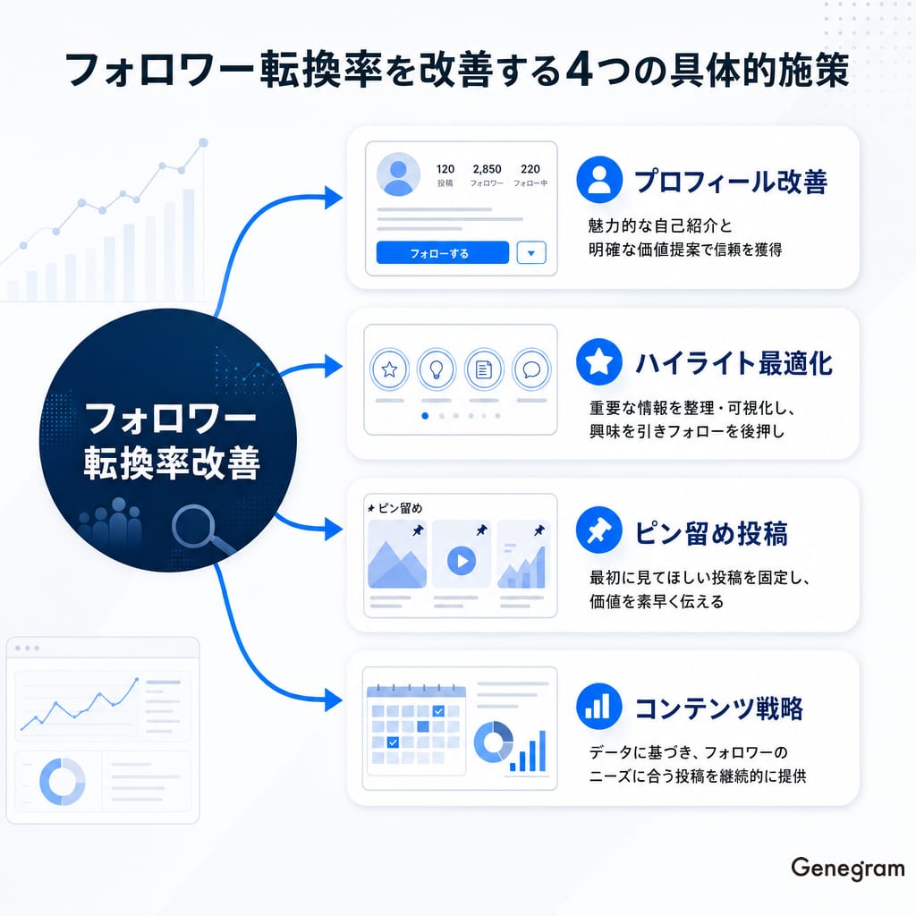 フォロワー転換率を改善する4つの施策を示した図。プロフィール、ハイライト、ピン留め、コンテンツの改善。