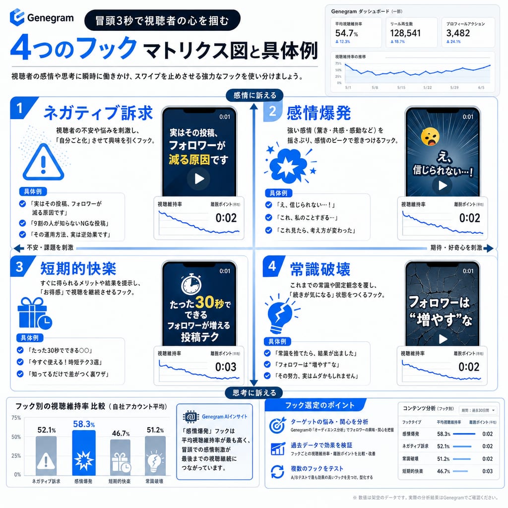 リール冒頭で視聴者を惹きつける4つのフック(ネガティブ訴求、感情爆発、短期的快楽、常識破壊)を解説する図。