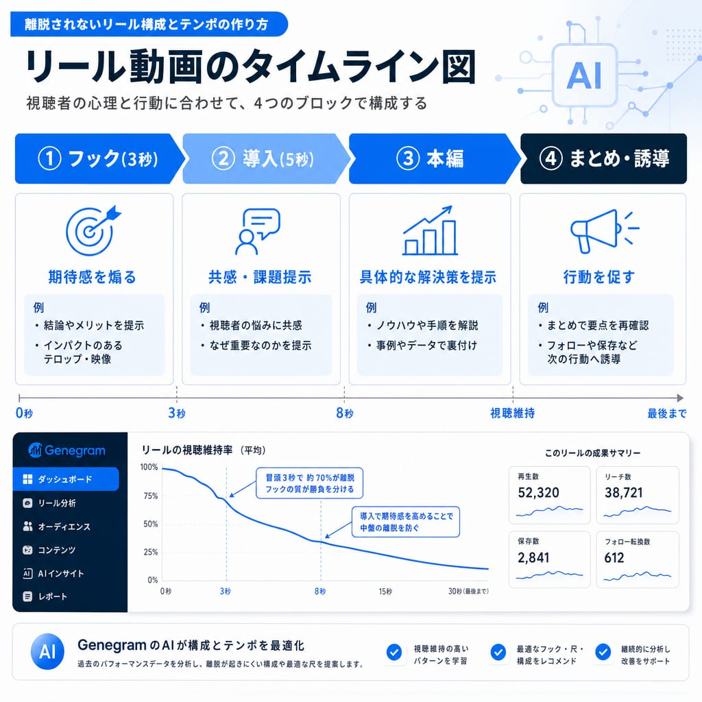 離脱されないリールの構成要素を示す図。フック、導入、本編、まとめの4ステップで構成されている。