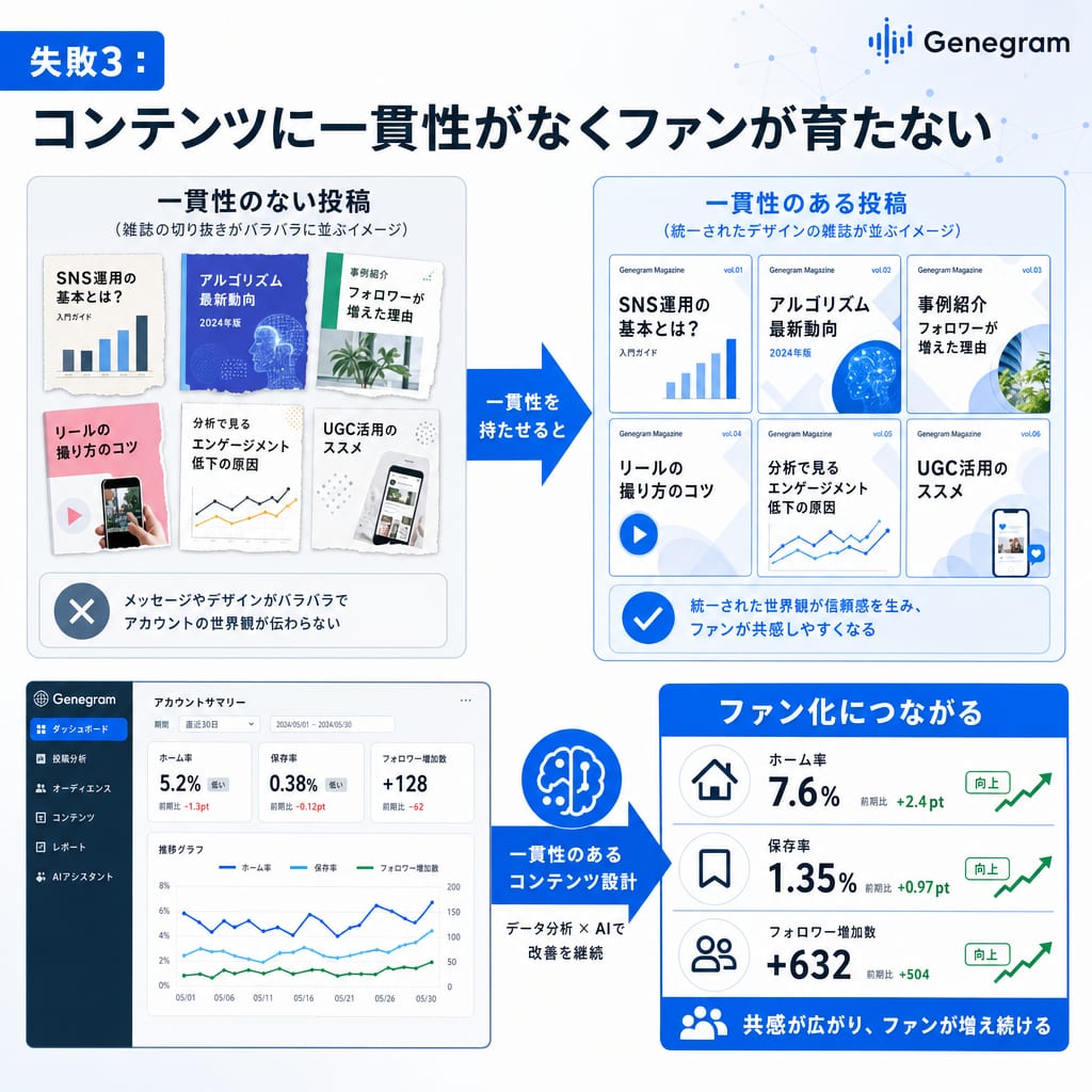 コンテンツに一貫性があるアカウントとないアカウントの比較図