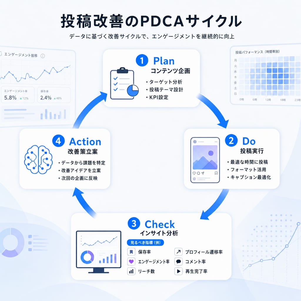 Instagram投稿改善のPDCAサイクル図。企画、実行、分析、改善の4ステップを回してエンゲージメントを高める。