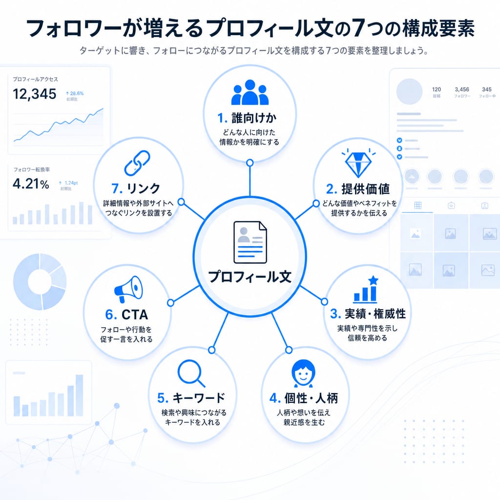 フォロワーが増えるプロフィール文を構成する7つの要素を示した図。中央の「プロフィール文」から各要素が伸びている。