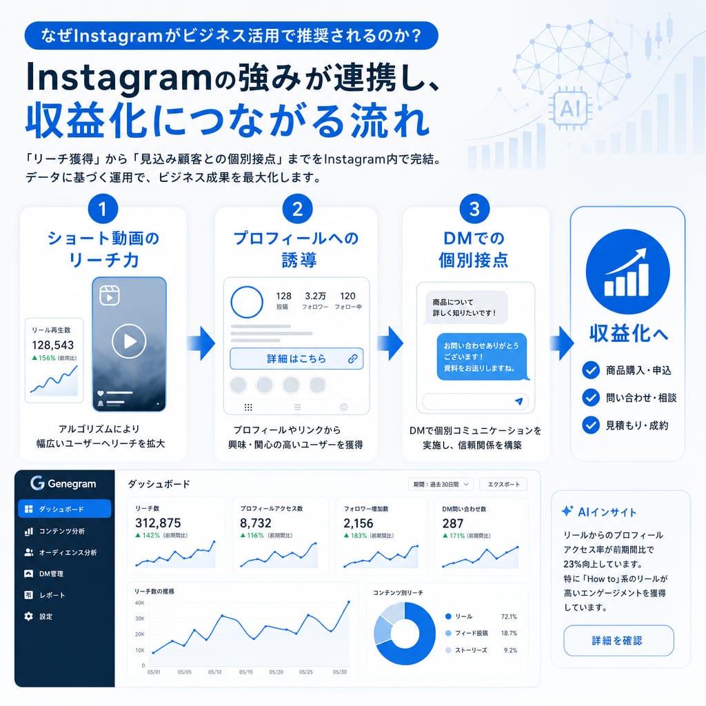 Instagramがビジネスに強い理由。リーチ獲得から収益化までの流れを示す図。ショート動画からプロフィールへ誘導し、DMで個別接点を持つことで収益につながる。
