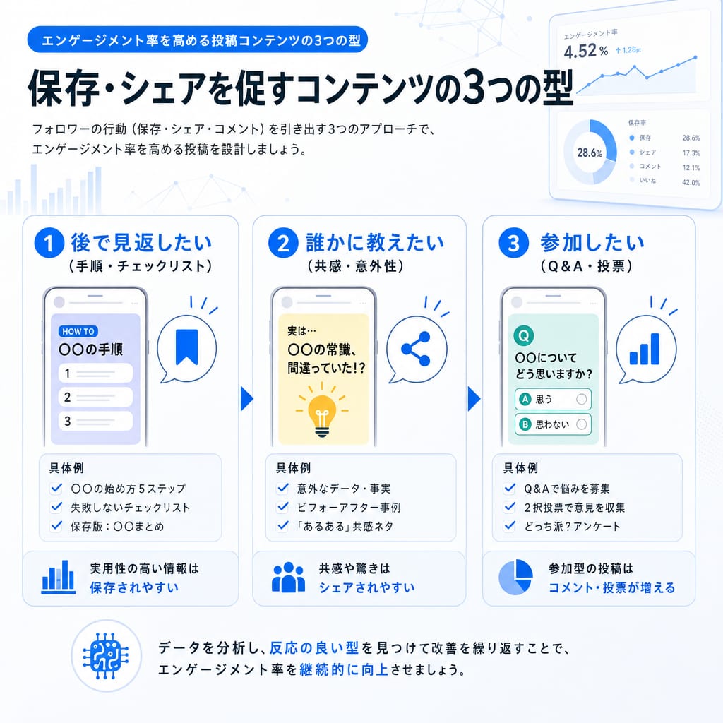 エンゲージメントを高める投稿コンテンツの3つの型を示した図。後で見返したい、誰かに教えたい、参加したいの3種類がある。