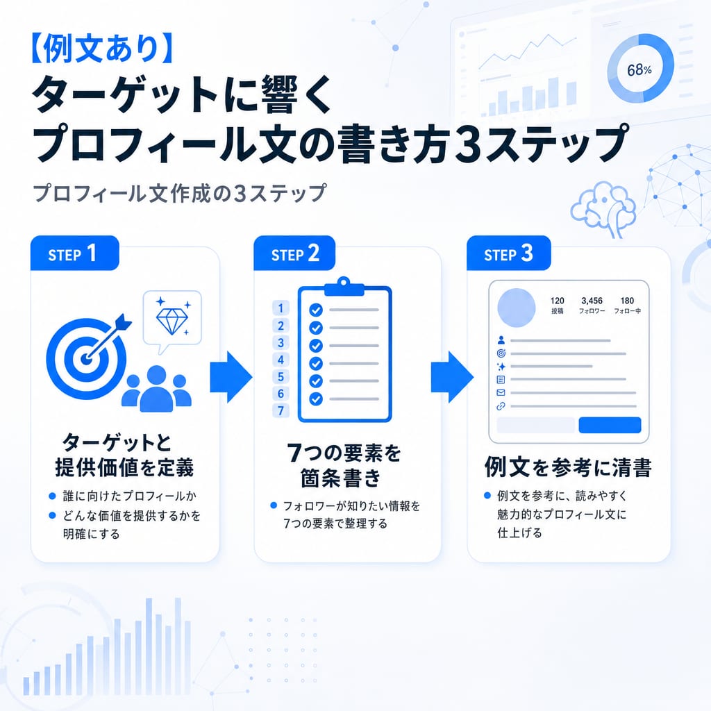ターゲットに響くプロフィール文を作成するための3ステップを示したフロー図。定義、箇条書き、清書の順。