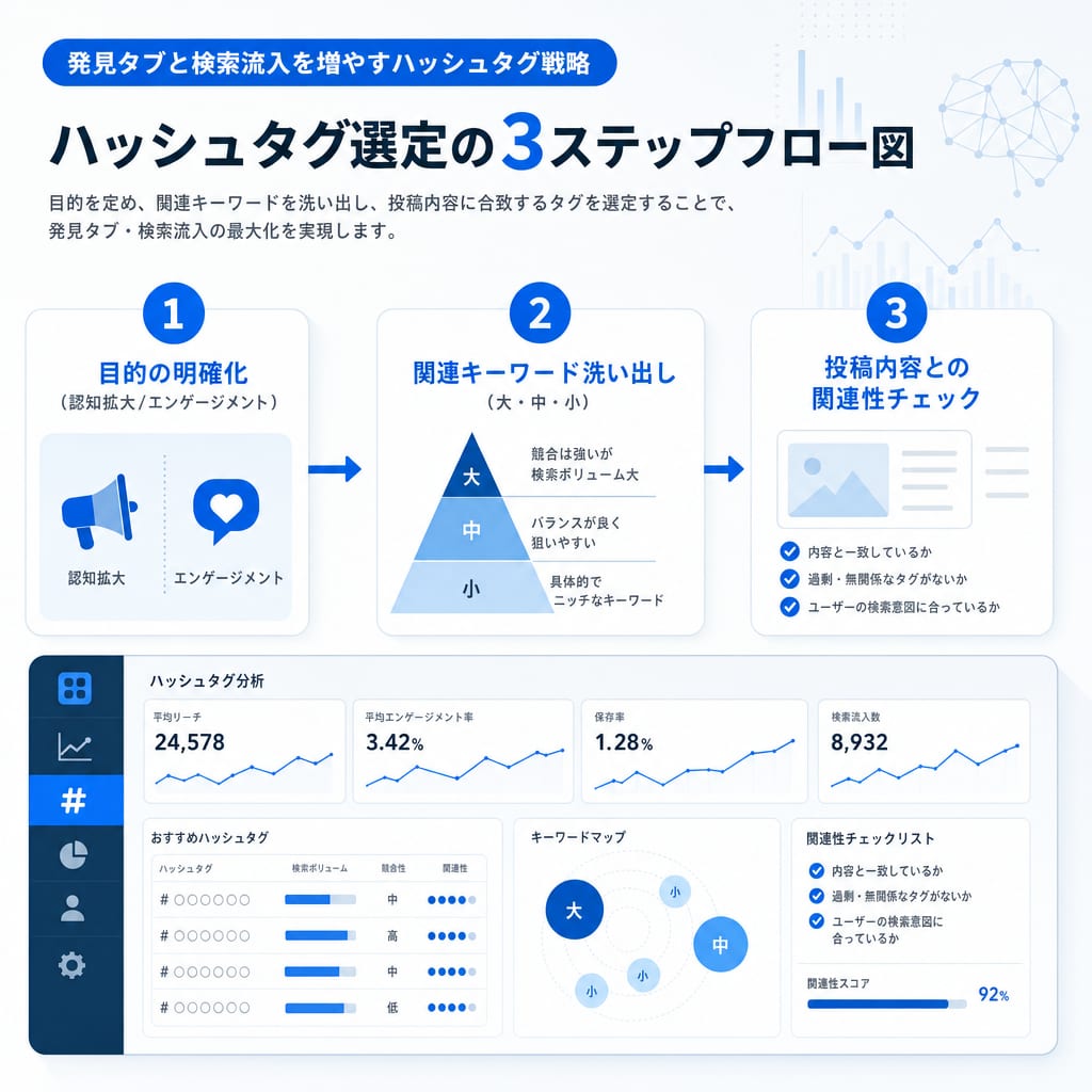 効果的なInstagramハッシュタグを選定するための3ステップを示したフローチャート。