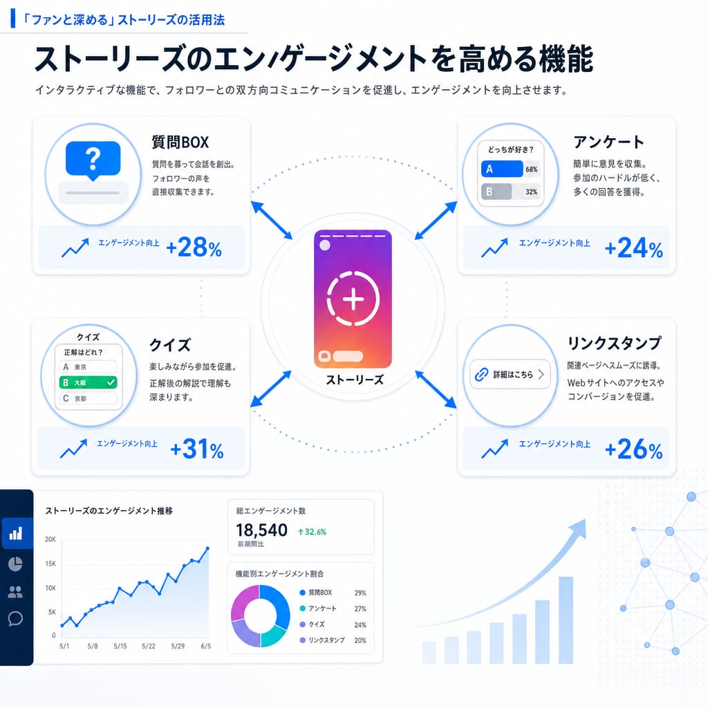 ストーリーズのエンゲージメント向上に繋がる4つの機能(質問BOX、アンケート、クイズ、リンクスタンプ)を示した図。