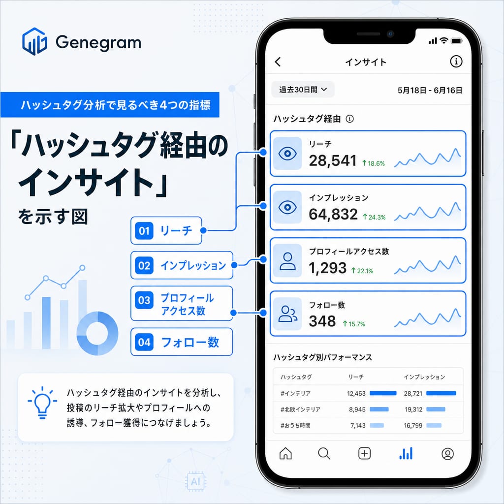 ハッシュタグ分析で確認すべき4つの主要指標を示す図。リーチ、インプレッション、プロフィールアクセス、フォローの各項目が強調されている。