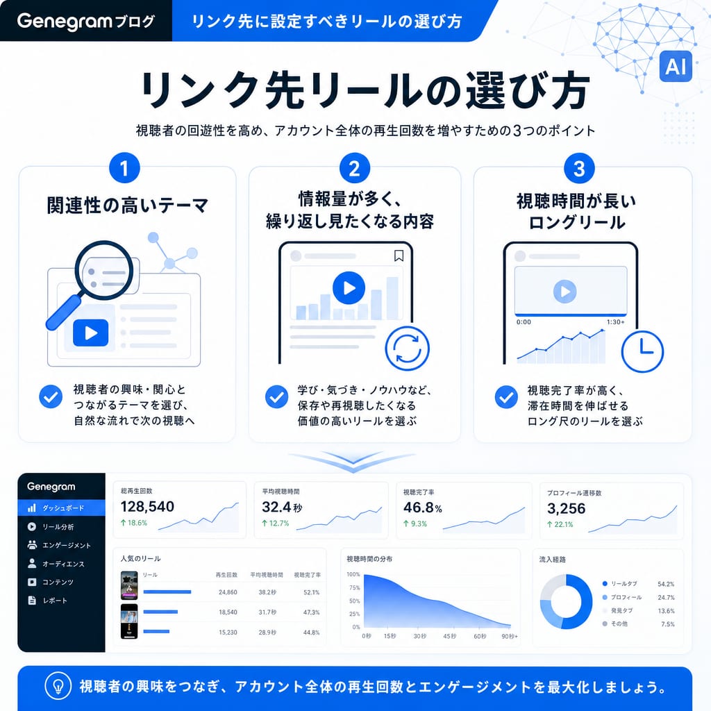エディット機能でリンク先に設定すべきリールの3つのポイント。関連性、情報量、動画の長さを考慮することを示している。