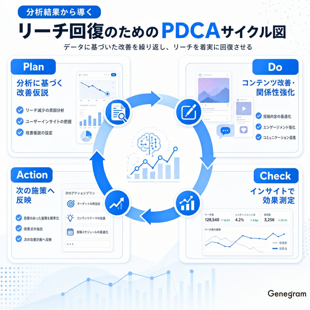 リーチ回復のためのPDCAサイクル。計画、実行、評価、改善の流れを示し、データに基づいた継続的な改善の重要性を示唆している。