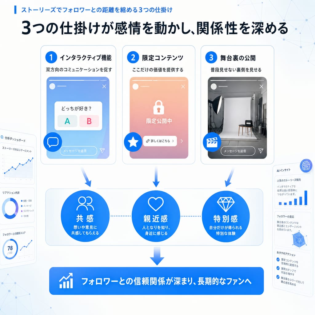 ストーリーズの活用でフォロワーとの関係性を深める3つの仕掛けを示した図