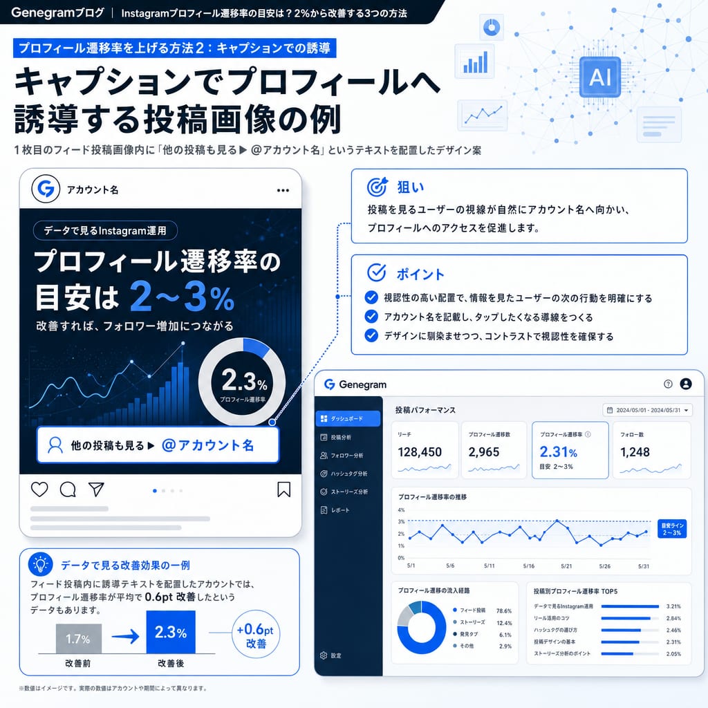 キャプションでプロフィールへ誘導する方法。投稿画像の1枚目に「他の投稿も見る」という誘導文とアカウントへのメンションを入れた例。