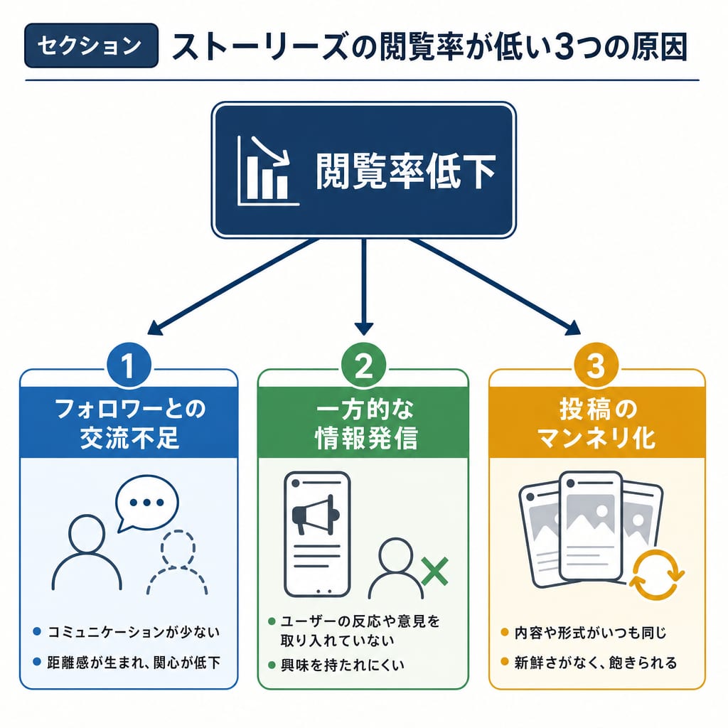 Instagramストーリーズの閲覧率が低下する3つの原因を示した図