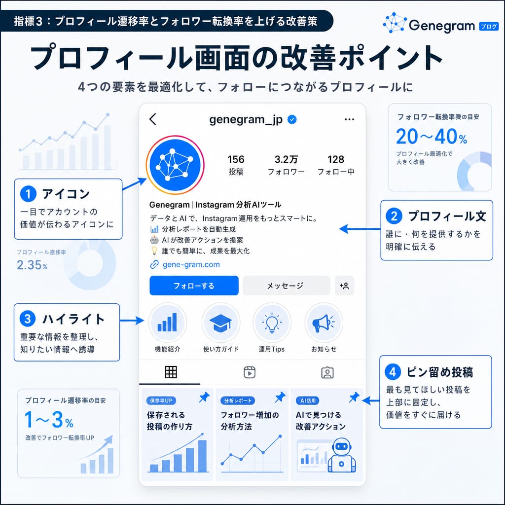 フォロワー転換率を上げるためのプロフィール改善ポイント。アイコン、プロフィール文、ハイライト、ピン留め投稿の4要素を示す図。