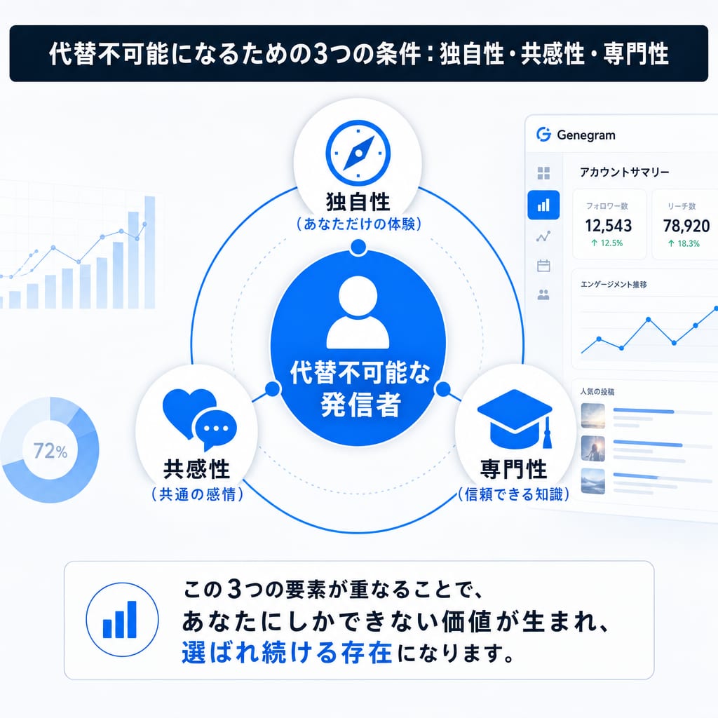 代替不可能な発信者になるための3つの条件（独自性・共感性・専門性）を示した図
