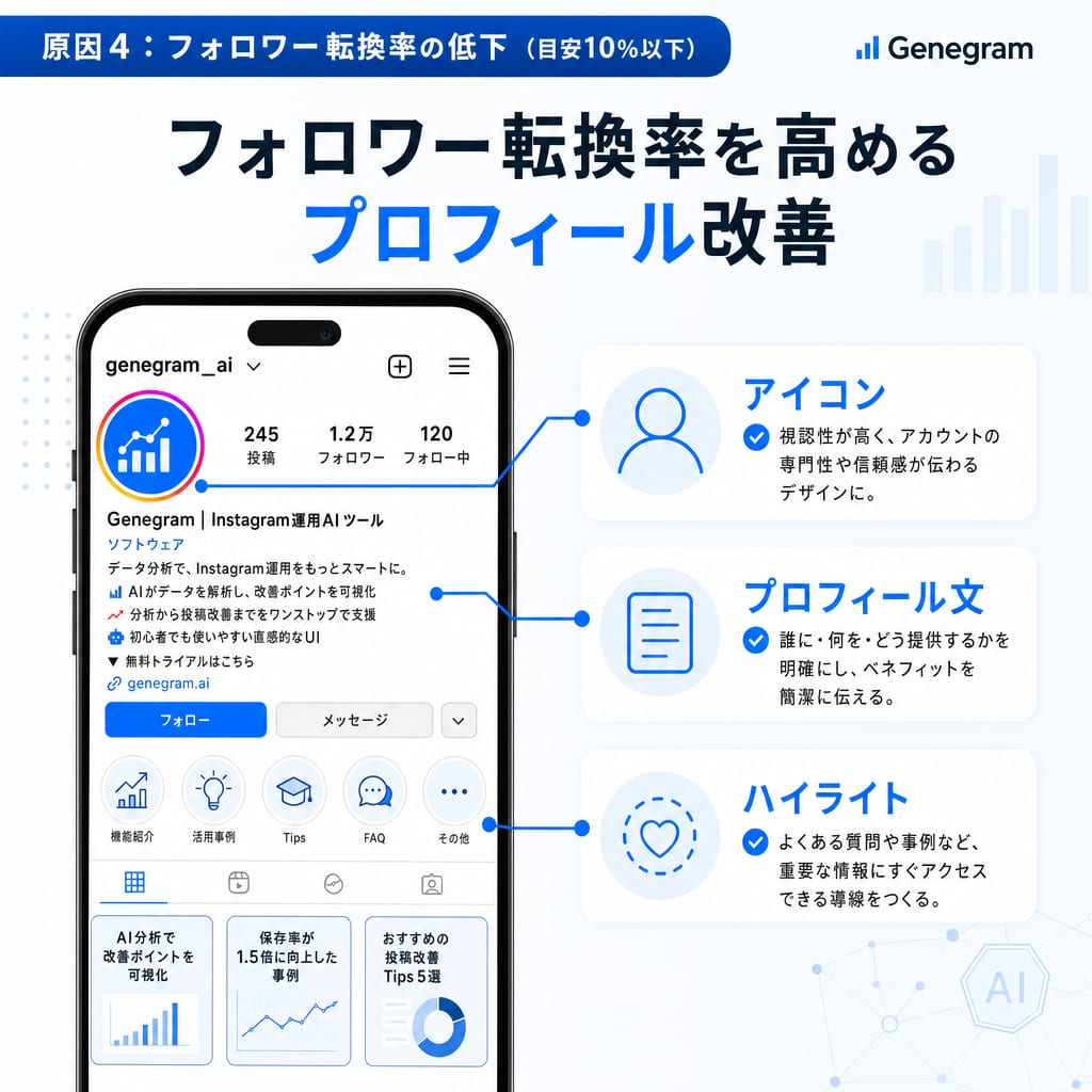 フォロワー転換率を改善するためのプロフィール要素（アイコン、自己紹介文、ハイライト）を示した図。