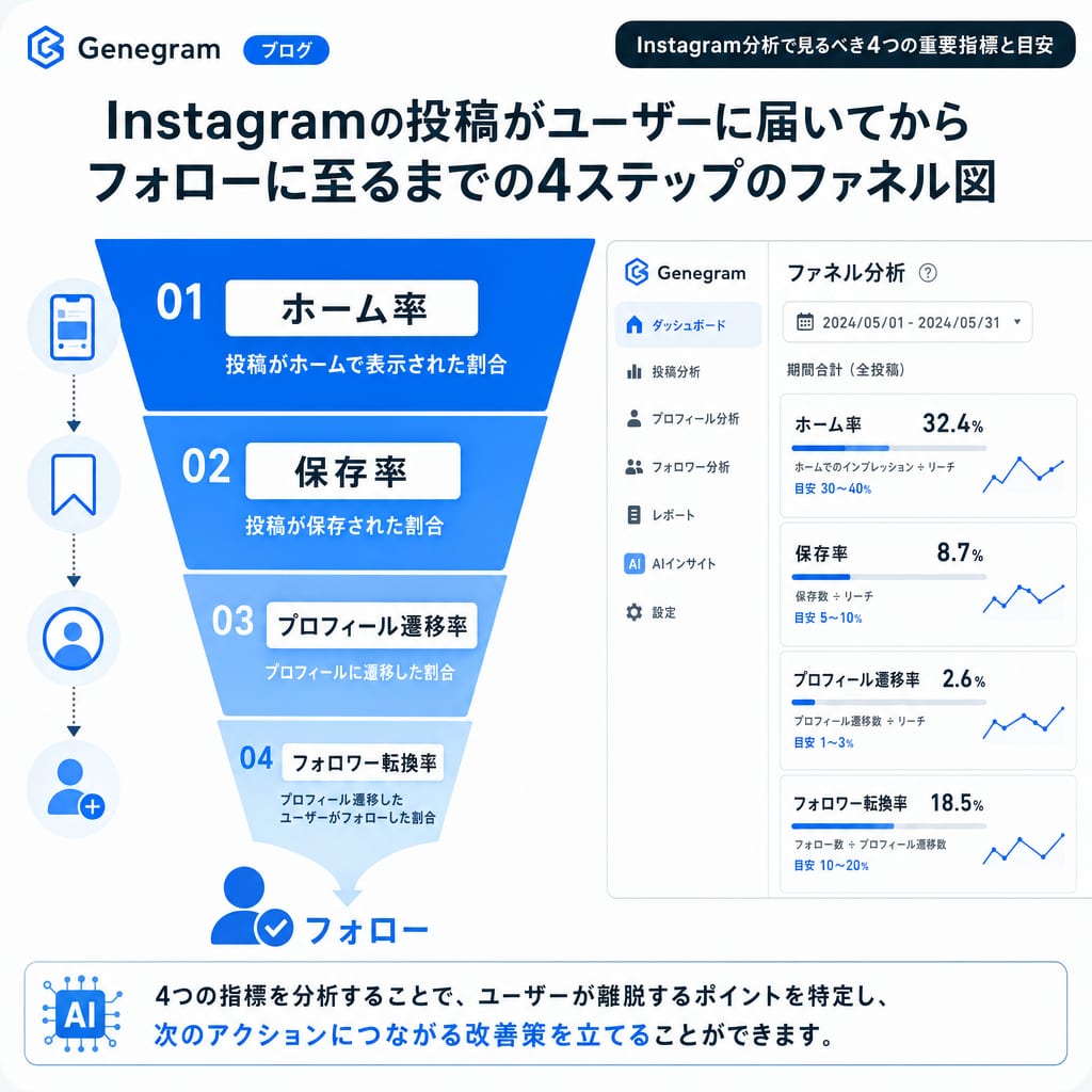 Instagramにおけるユーザー行動ファネル。投稿リーチから始まり、ホーム率、保存率、プロフィール遷移率、フォロワー転換率を経てフォローに至る流れを示す図。