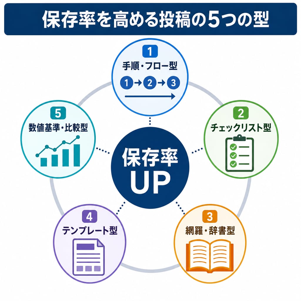 保存率を高める投稿の5つの型を示した図