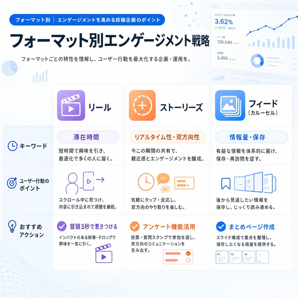 Instagramのフォーマット別エンゲージメント戦略の比較図。リールは滞在時間、ストーリーズは双方向性、フィードは保存が重要。
